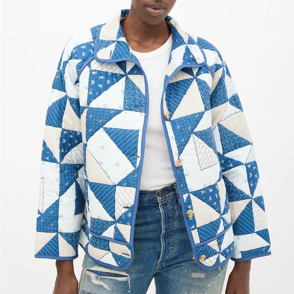 Sezane Blue and White Leopold Quilted Jacket